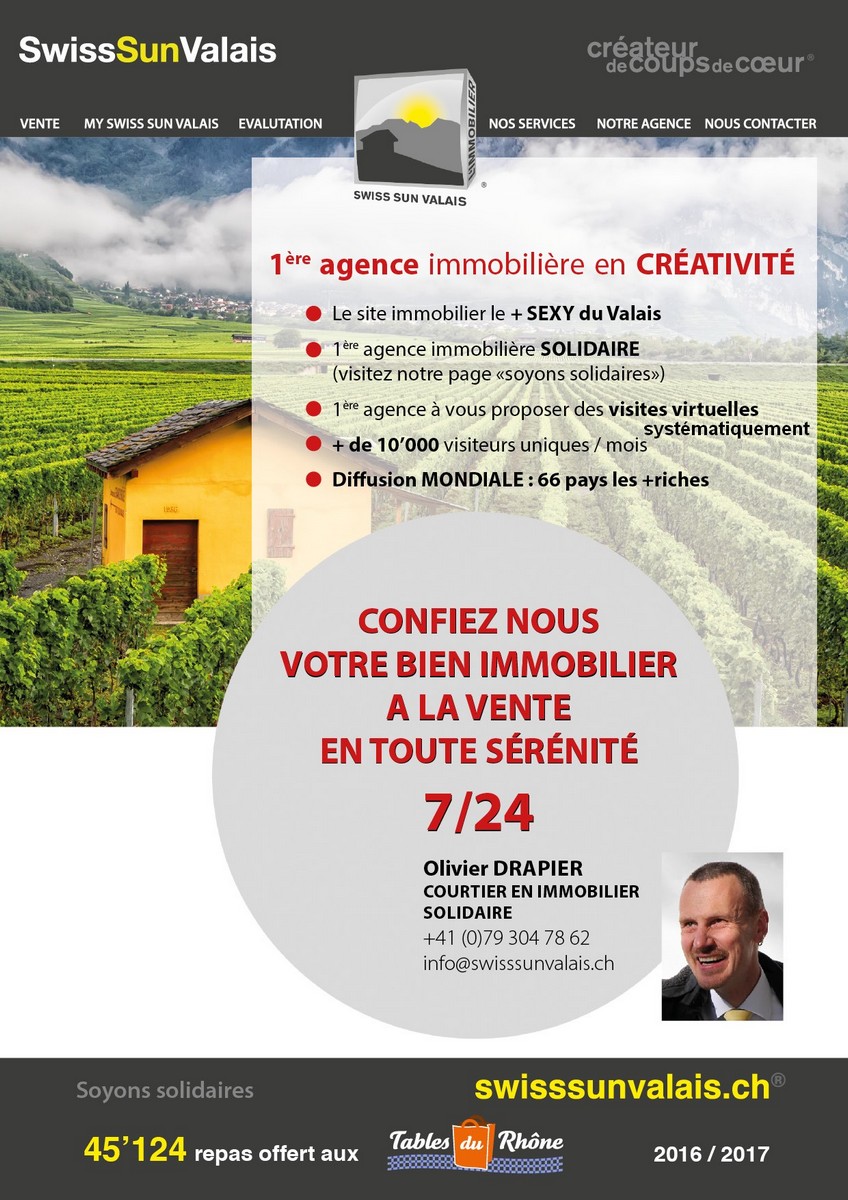 Swiss Sun Valais ® Vous souhaitez avoir une diffusion mondiale de votre bien immobilier à vendre en Valais Suisse. 1er réseau immobilier du Valais ® Swiss Sun Valais ® Vous souhaitez avoir une diffusion mondiale de votre bien immobilier à vendre en Valais Suisse. 1er réseau immobilier du Valais ®